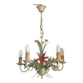 Chandelier vintage italien à 5 lumières, bouquet en métal Mathias, fleurs roses
