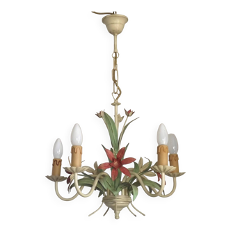 5 Light Vintage Italian Chandelier, Mathias Metal Bouquet, Pink Flowers