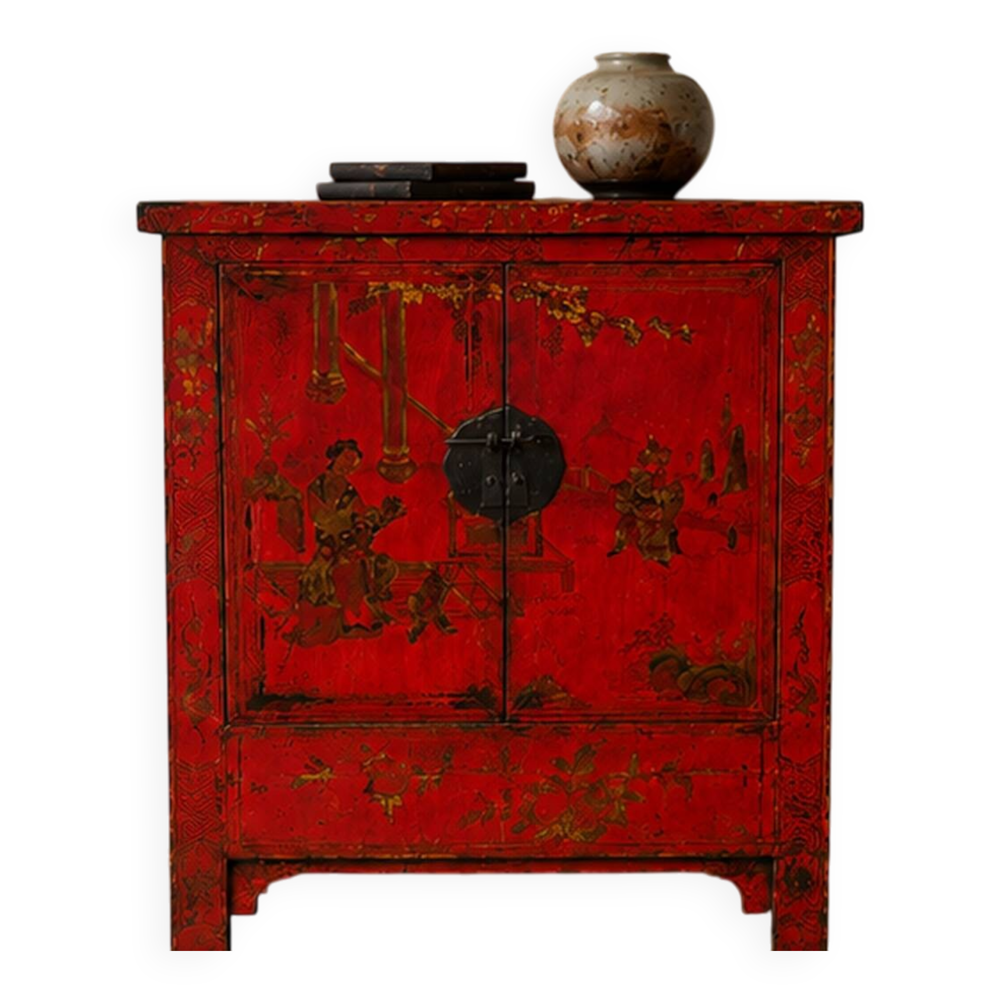 Antique Chinese Red Lacquer Cabinet with Hand-Painted Decorations