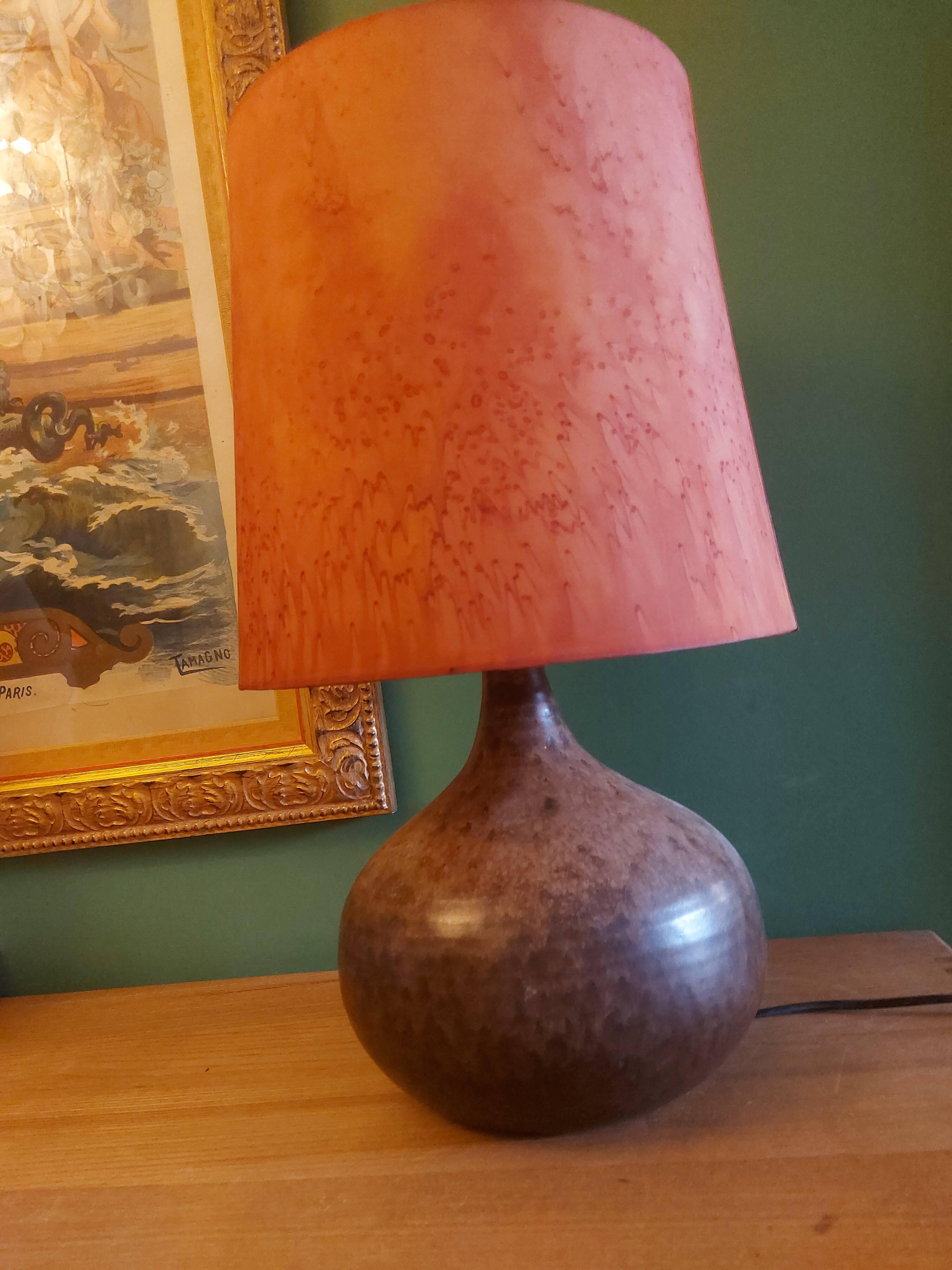 Ceramic (sandstone) lamp from the 50s, 60'S with silk lampshade