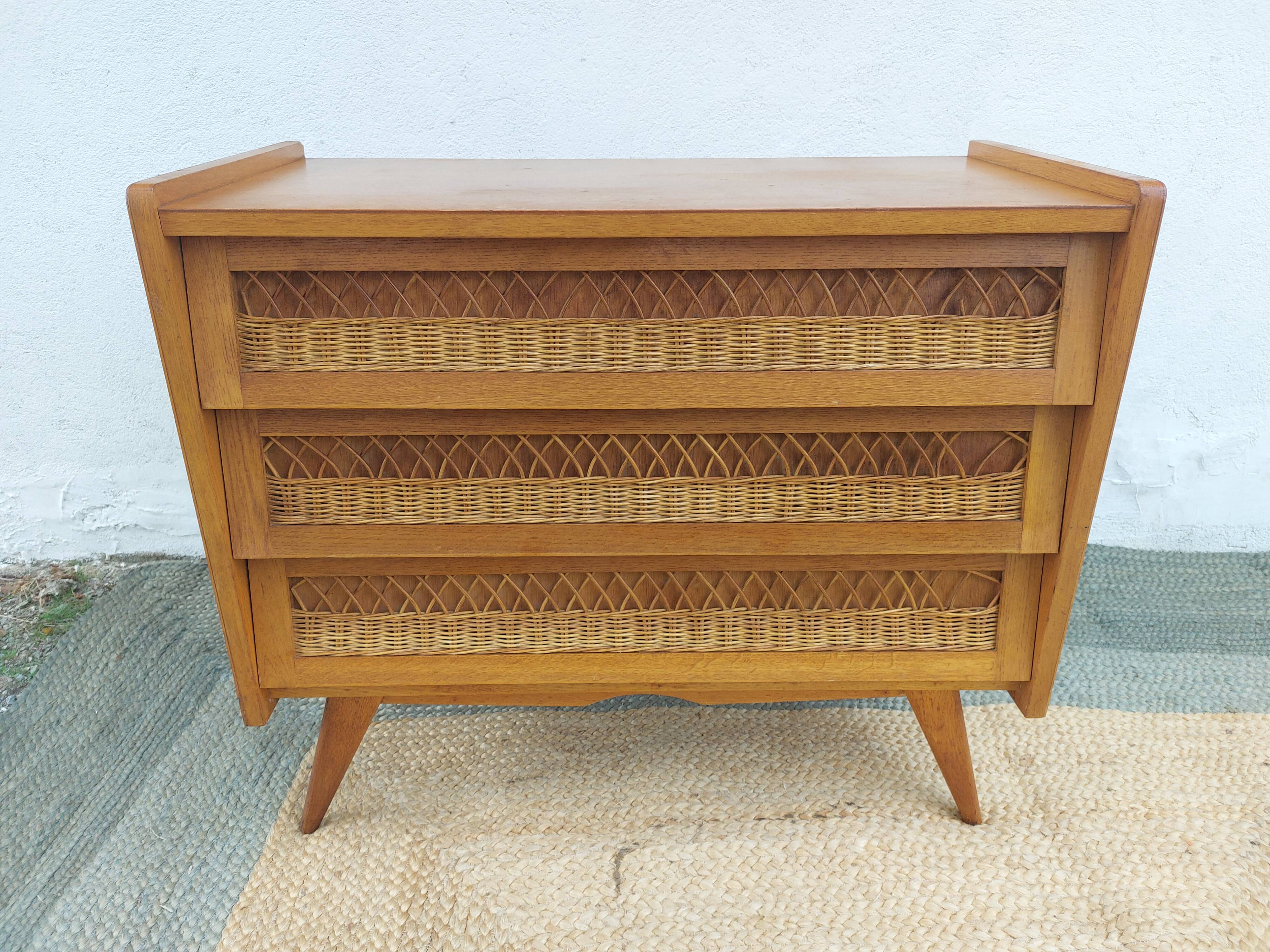 commode pieds compas, osier, vintage