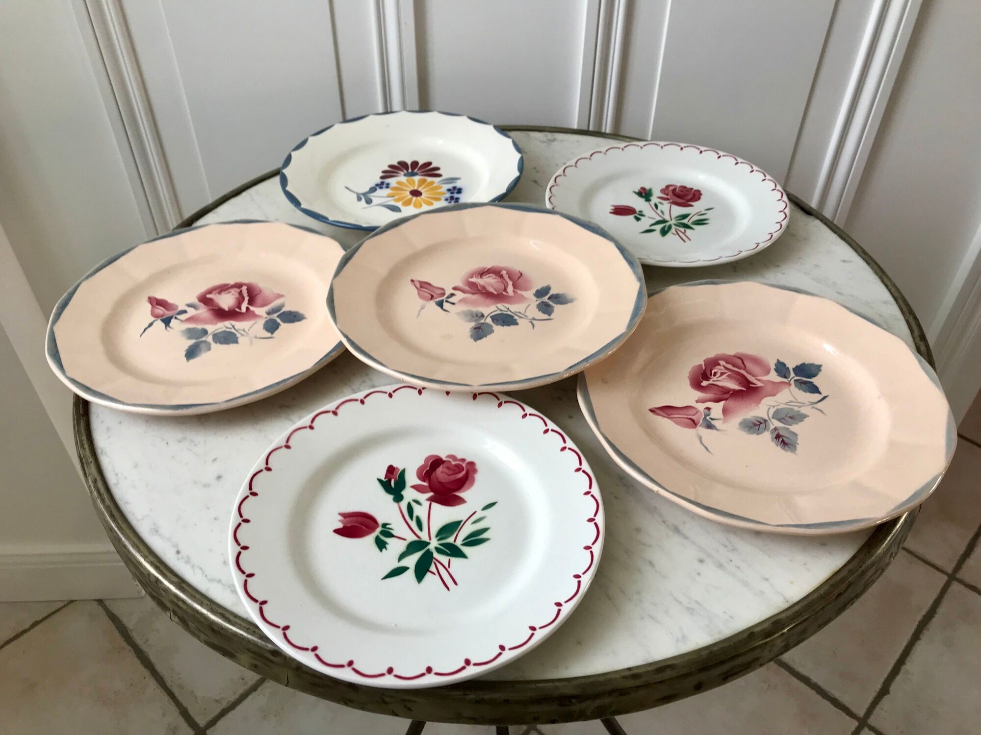 Set of 6 mismatched dessert plates Digoin, Badonviller Salins (Jacqueline) 30s-40s
