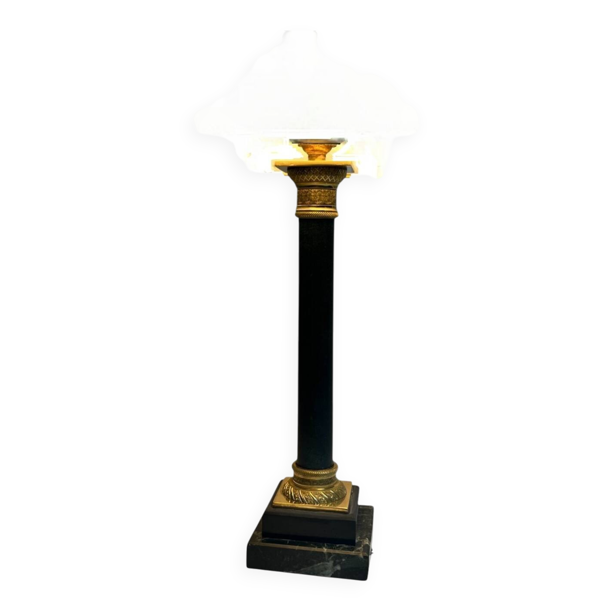 Empire bronze marble and patinated sheet metal lamp base, 20th century