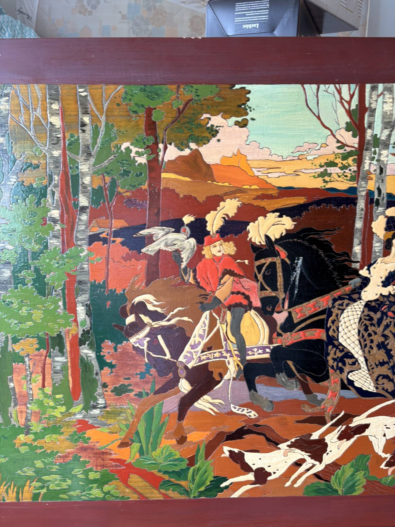 Table Painting Wood Carving Hunting Scene Dog Signed 130x70