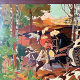 Table Painting Wood Carving Hunting Scene Dog Signed 130x70