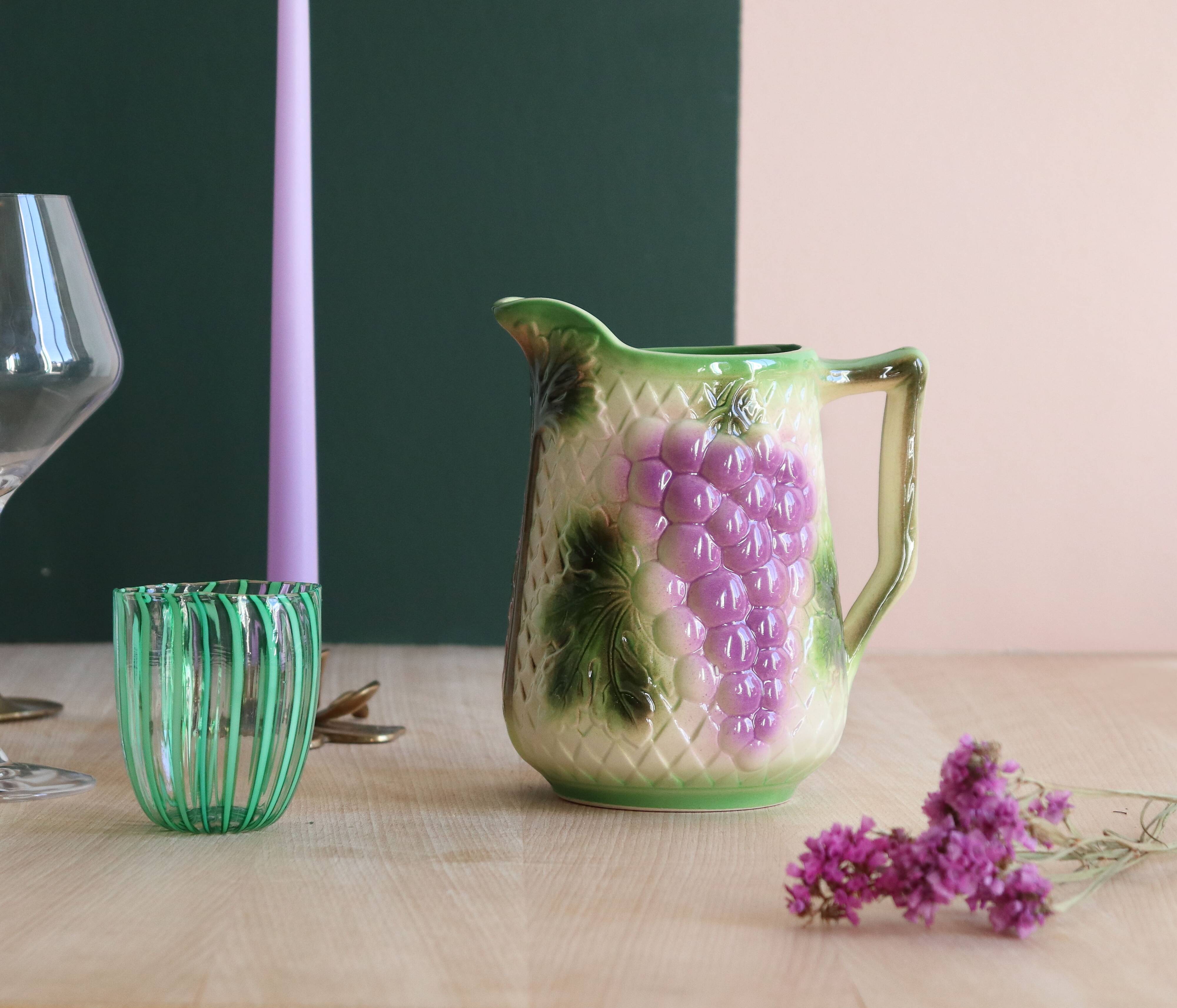 Barbotine pitcher from the 20s/30s with vine and grape decoration, Saint-Clément earthenware factory
