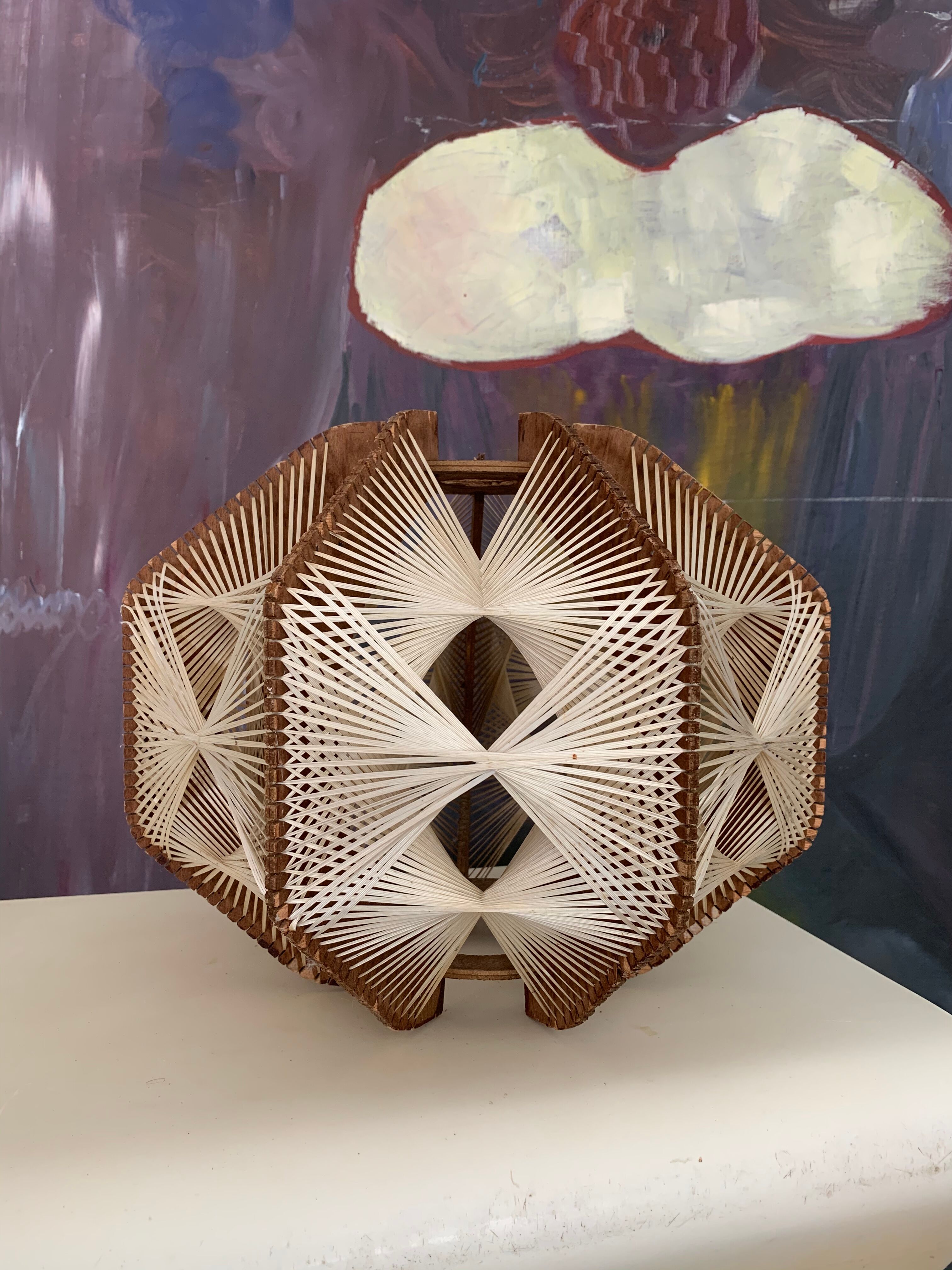 Scandinavian hanging lamp wood and vintage yarn