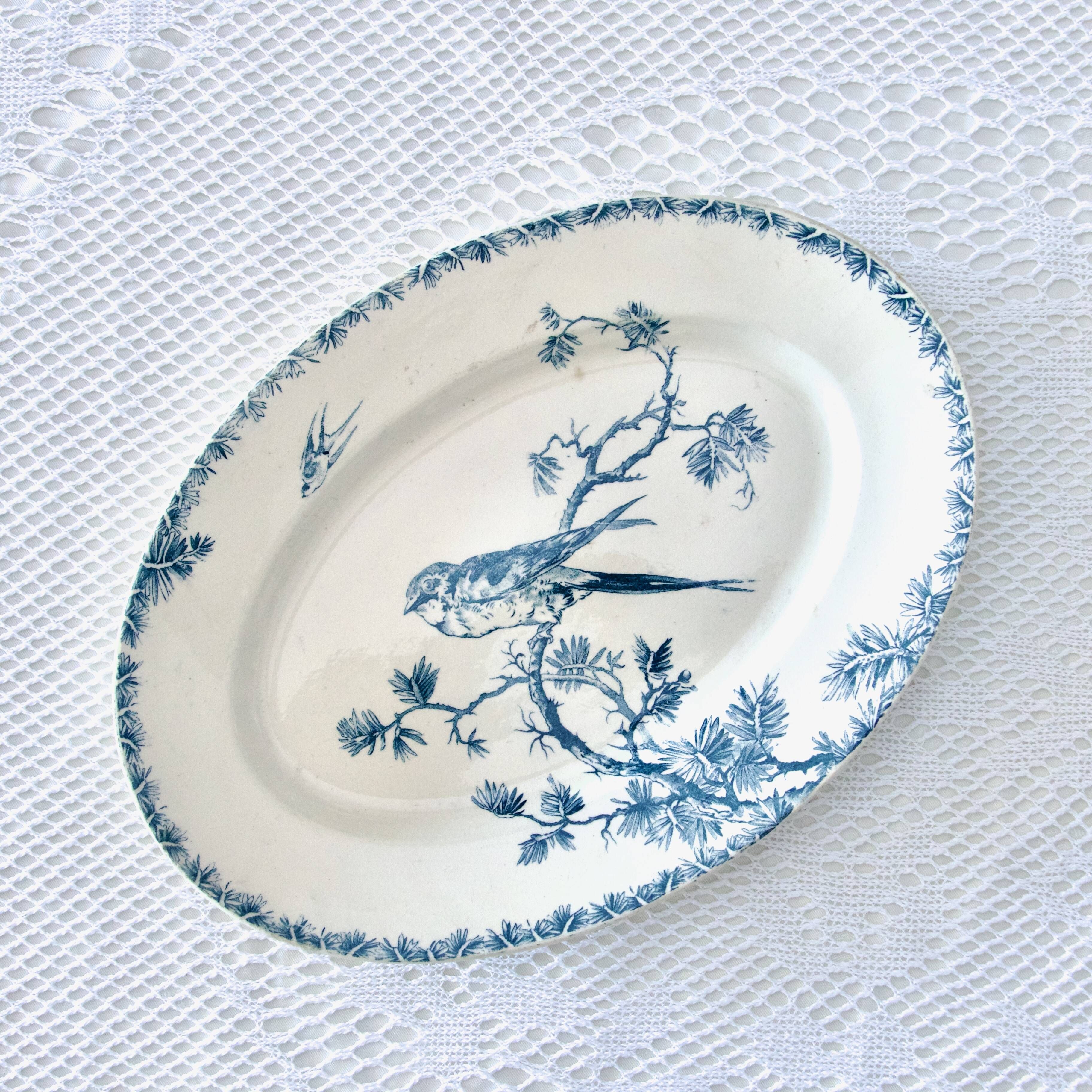 Oval dish 19th century Gien iron earth "Provençal" birds swallows