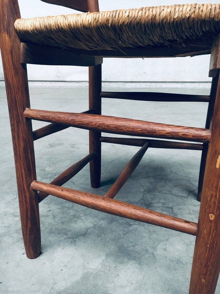 Rustic Handcrafted Oak and Rush High Back Dining Chairs, Belgium, 1940s, Set of 4