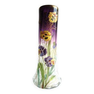 Vase émaillé legras 6 pensées multicolores, verre violet dégradé incolore.