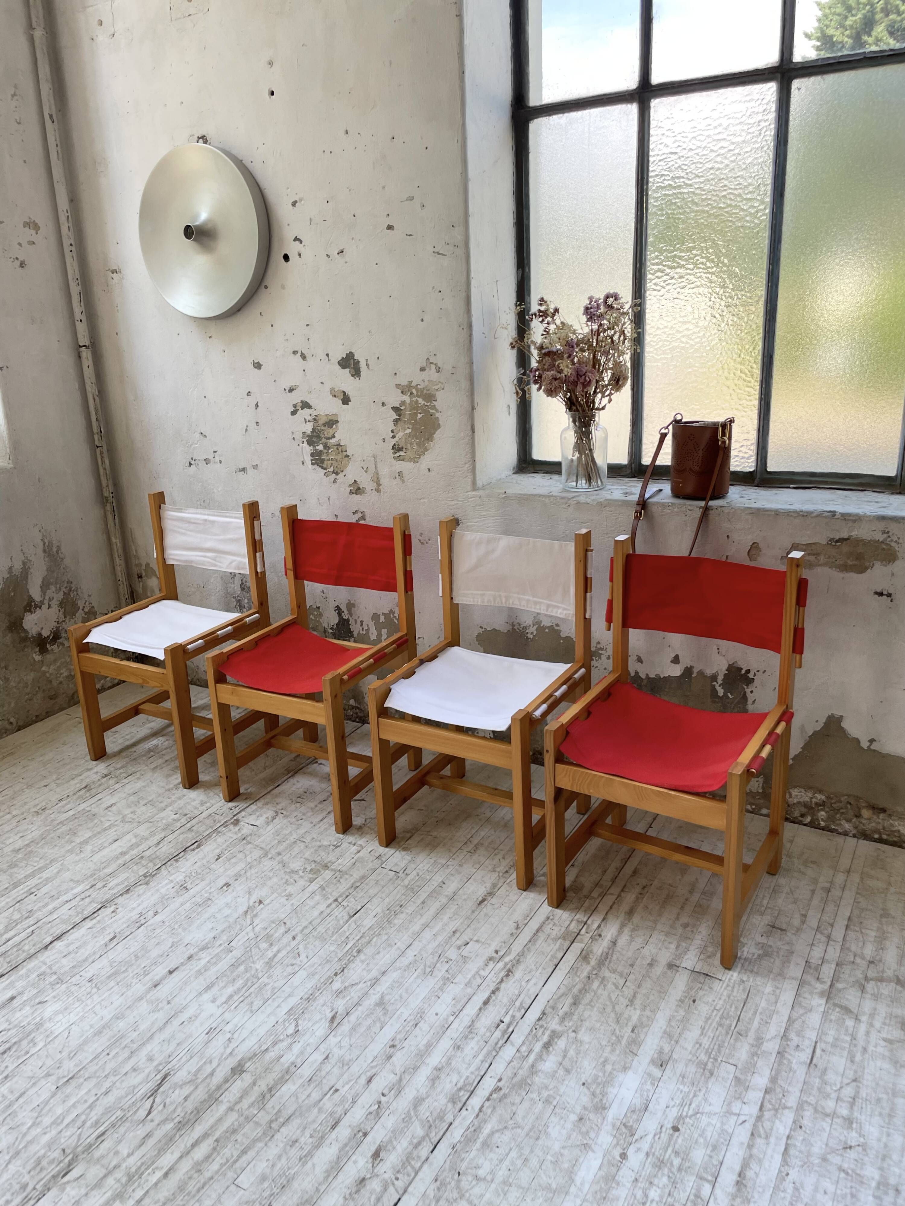 Set of 4 80s colored pine chairs