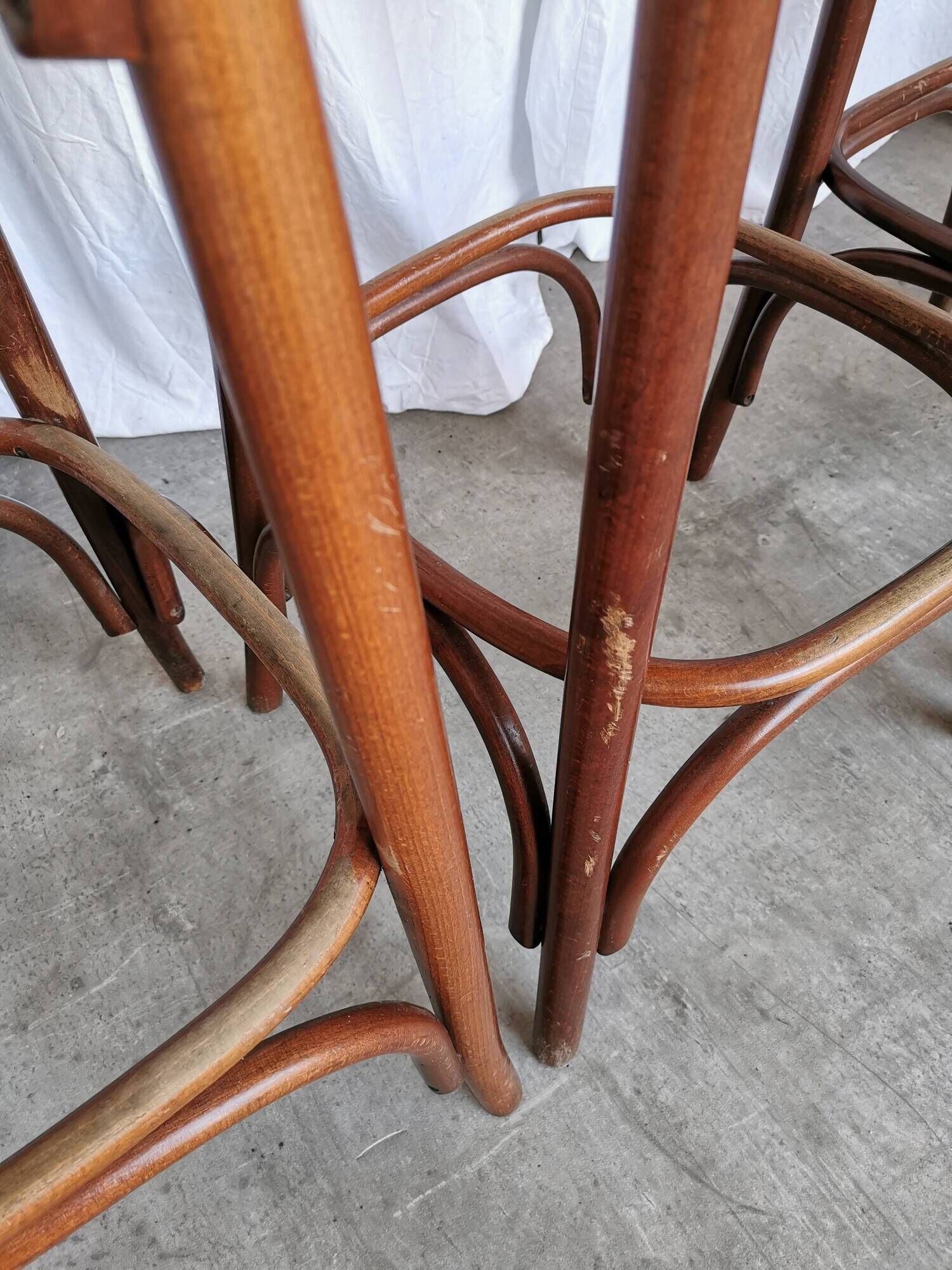 Set of 6 Vintage Bentwood Bar Stool Set: Brown Leather Seat, Nailhead Trim