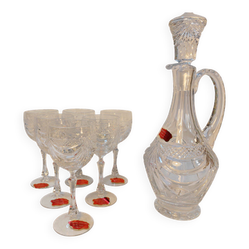Set of 6 wine glasses and carafe in Lorraine Crystal - Gérard Model