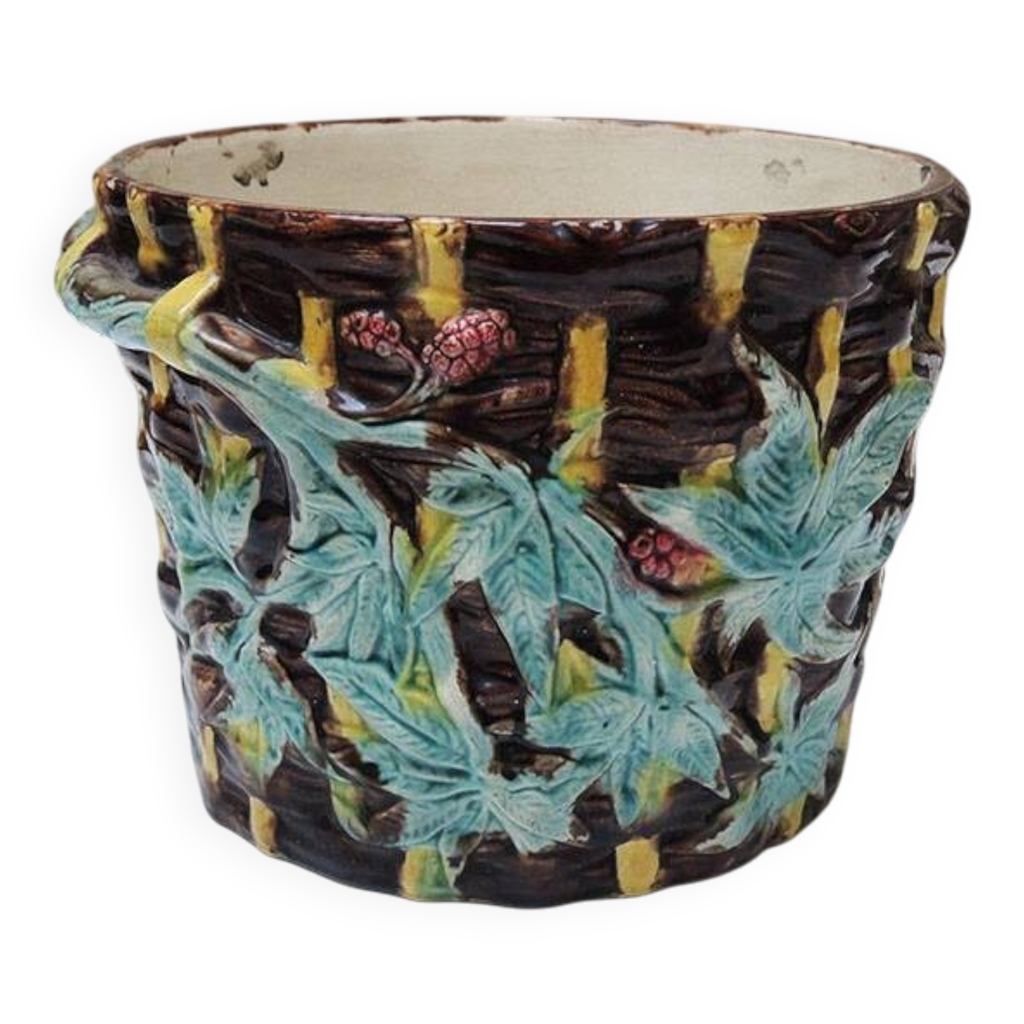 Old earthenware pot with ivy decoration.