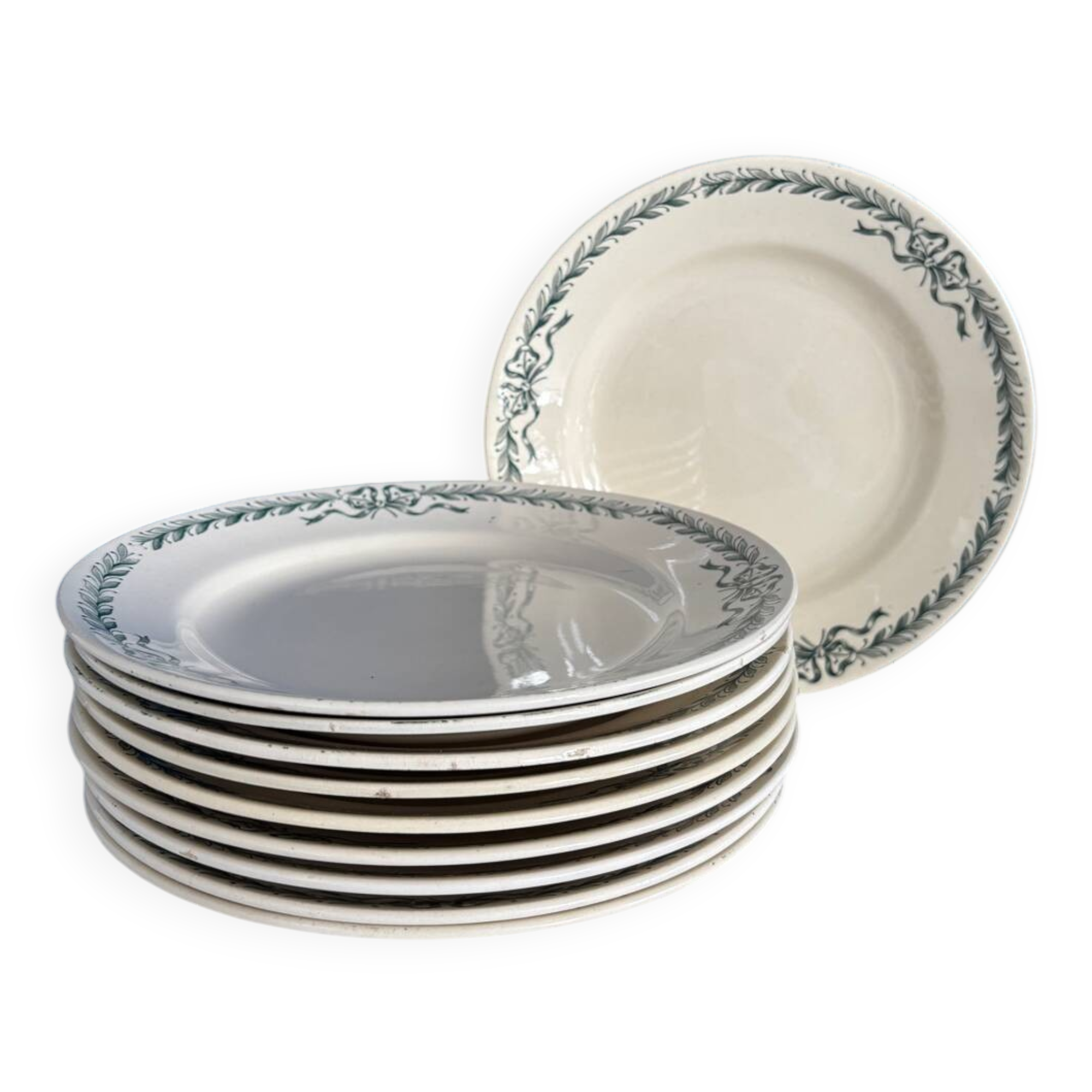 set of 10 old Longchamp flat plates, ironstone, Belleville
