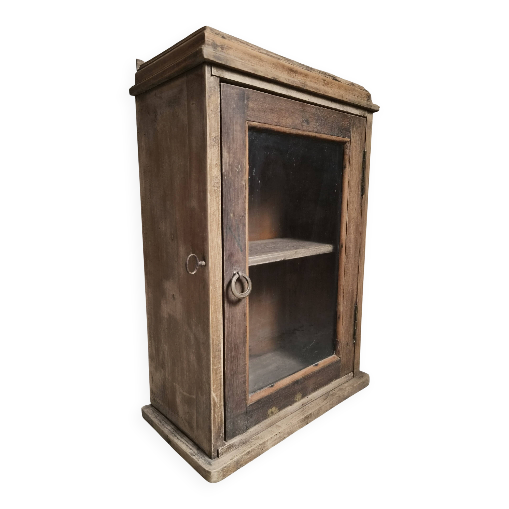 Armoire murale française ancienne, placard suspendu en pin et chêne, porte vitrée, vers 1850–1900
