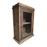 Antique French wall cabinet, suspended cupboard in pine and oak, glass door, circa 1850–1900.
