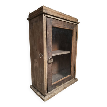 Antique French wall cabinet, suspended cupboard in pine and oak, glass door, circa 1850–1900.