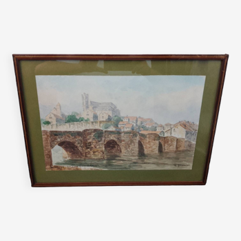 Tableau peinture aquarelle signé r. blossier limoges le vieux pont de st etienne