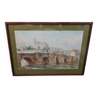 Watercolor painting signed r. blossier limoges the old bridge of st etienne