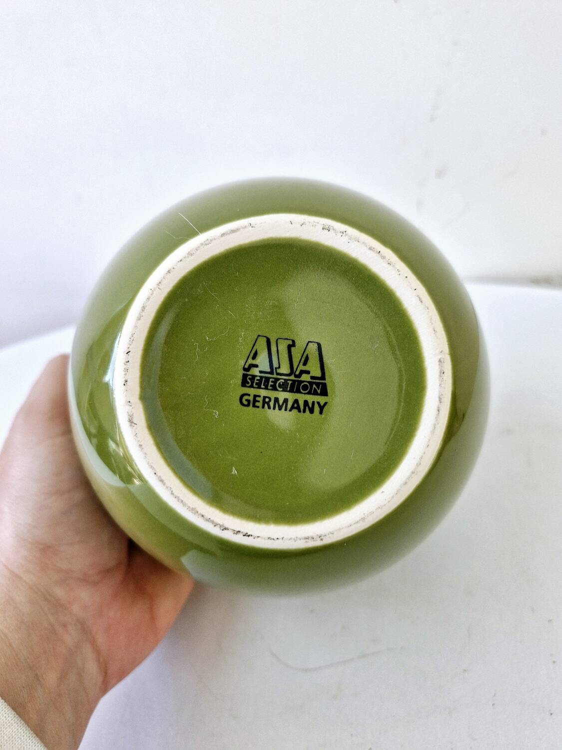 Pot a olives pickles avec cuillère céramique allemande vert asa