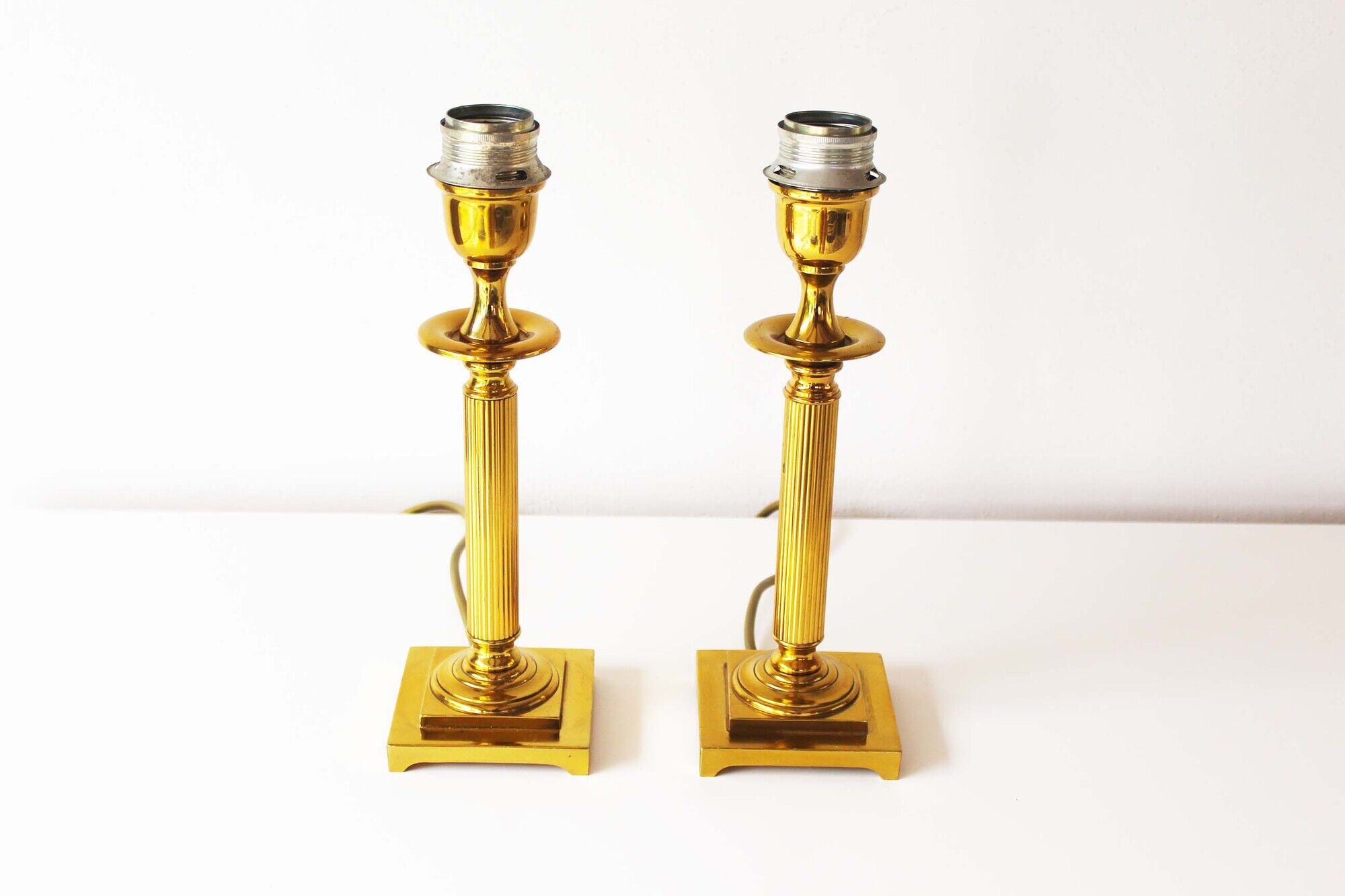 Vintage pair of Brass Column Table Lamps - 1970's Hollywood Regency Lamps