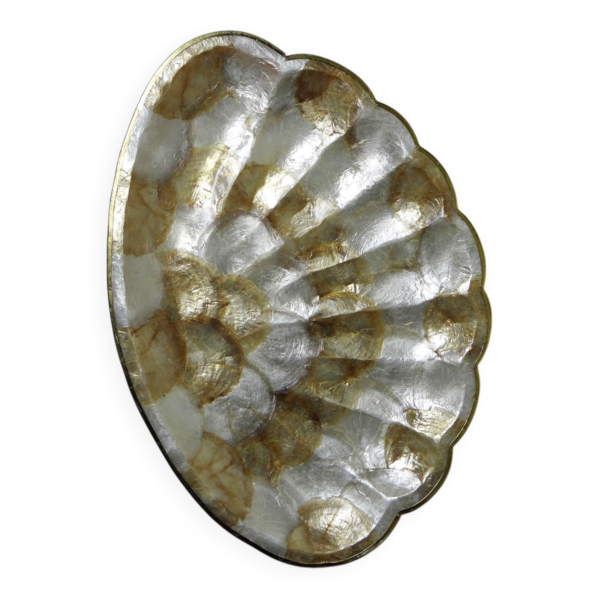 Large platter or shell-shaped catchall in capiz mother-of-pearl and vintage brass.