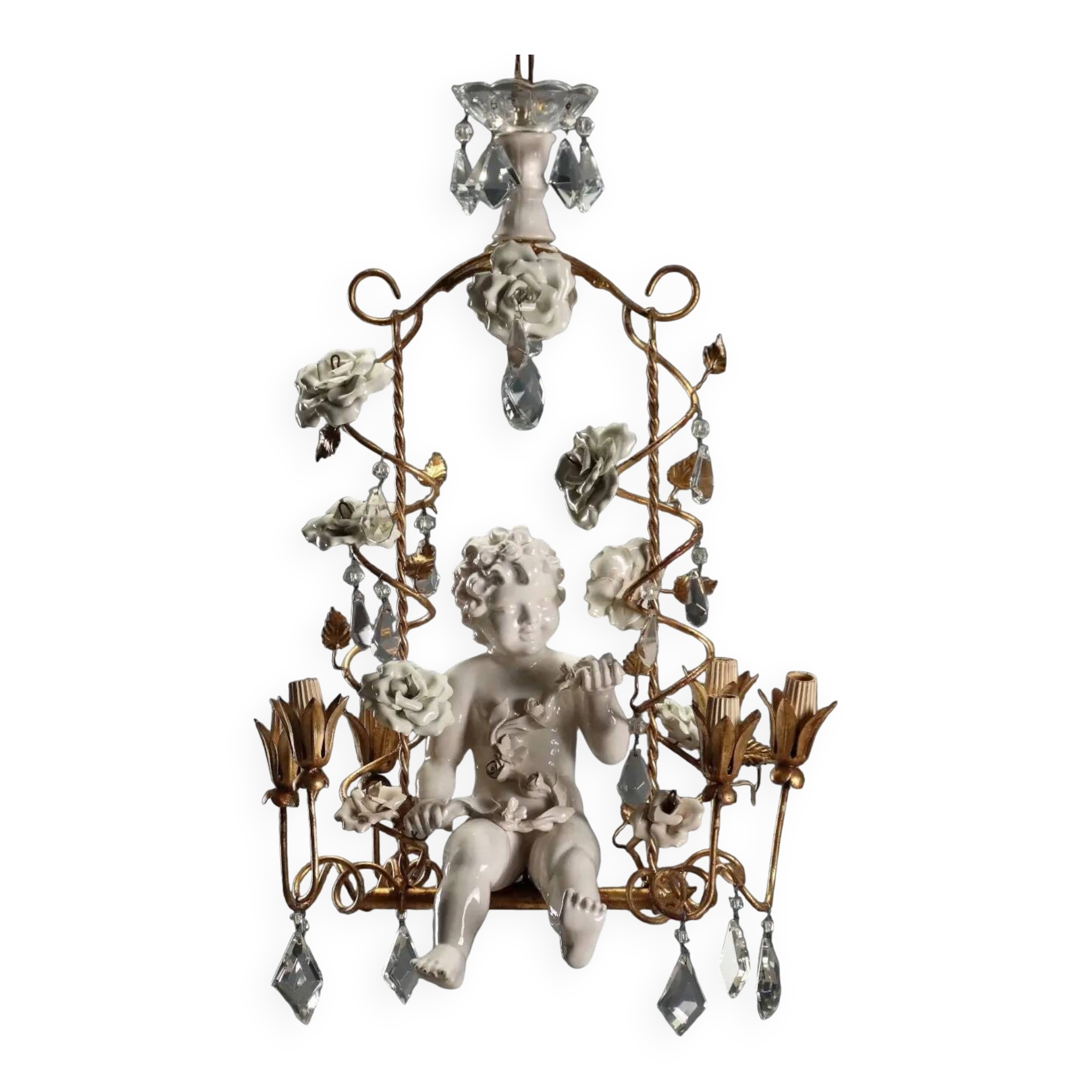 Antique chandelier in iron, gilded sheet metal and ceramic, Italy, 20th century