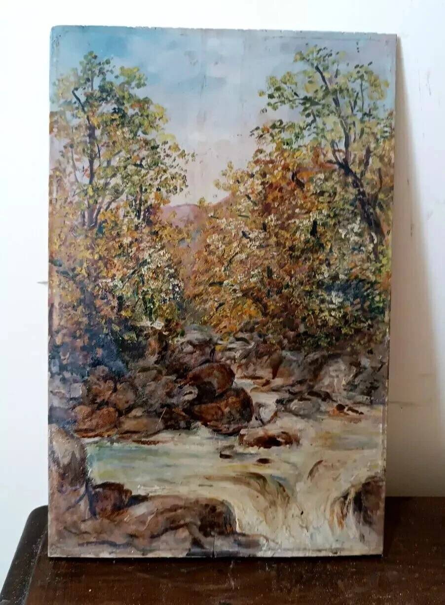 Old oil painting on tablet landscape early 20th century