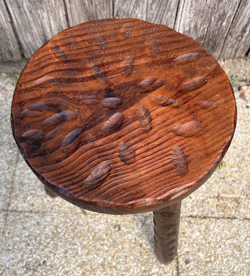 Rustic Tripod Stool in Solid Wood, Brutalist Style, Early 20th Century