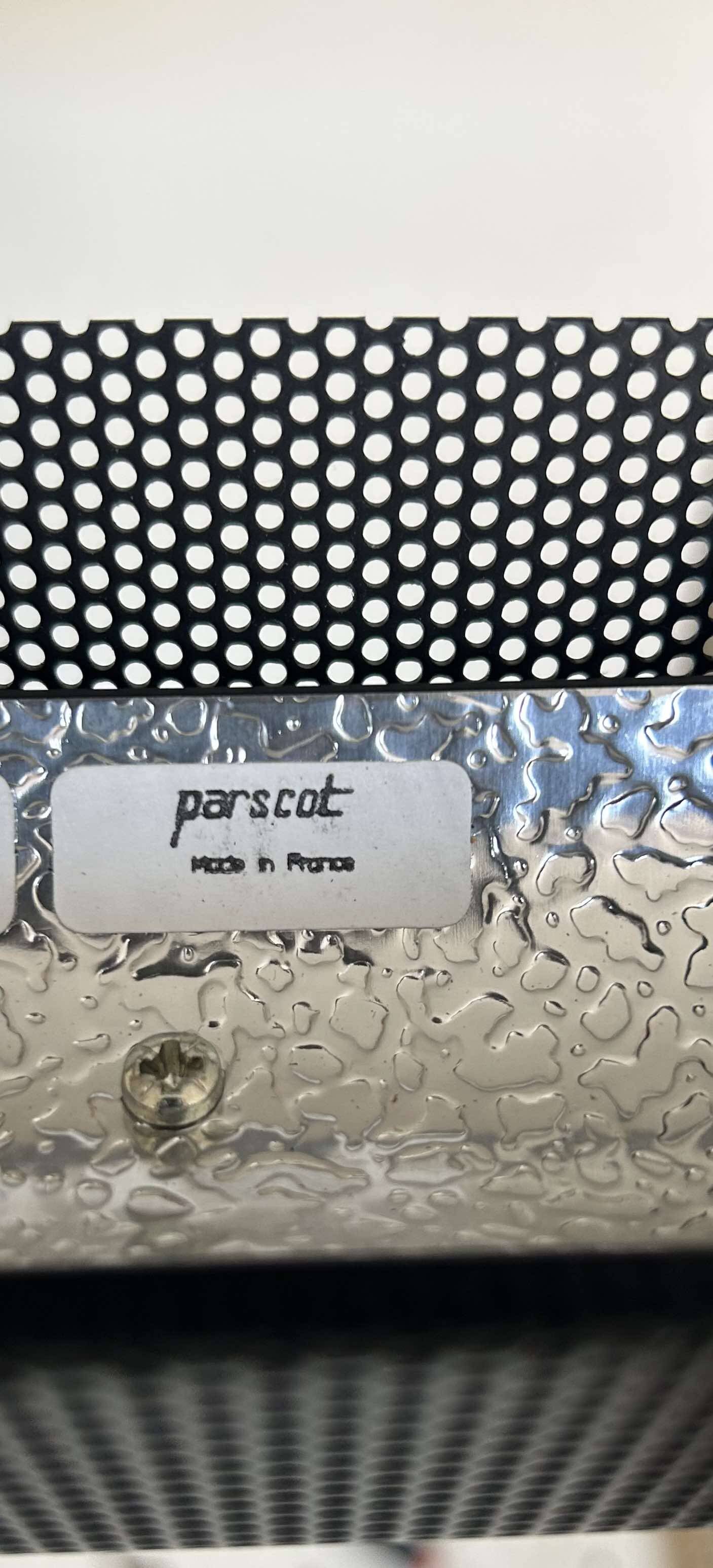 Pair of vintage wall lights, tubular and perforated black metal, Parscot France 1980