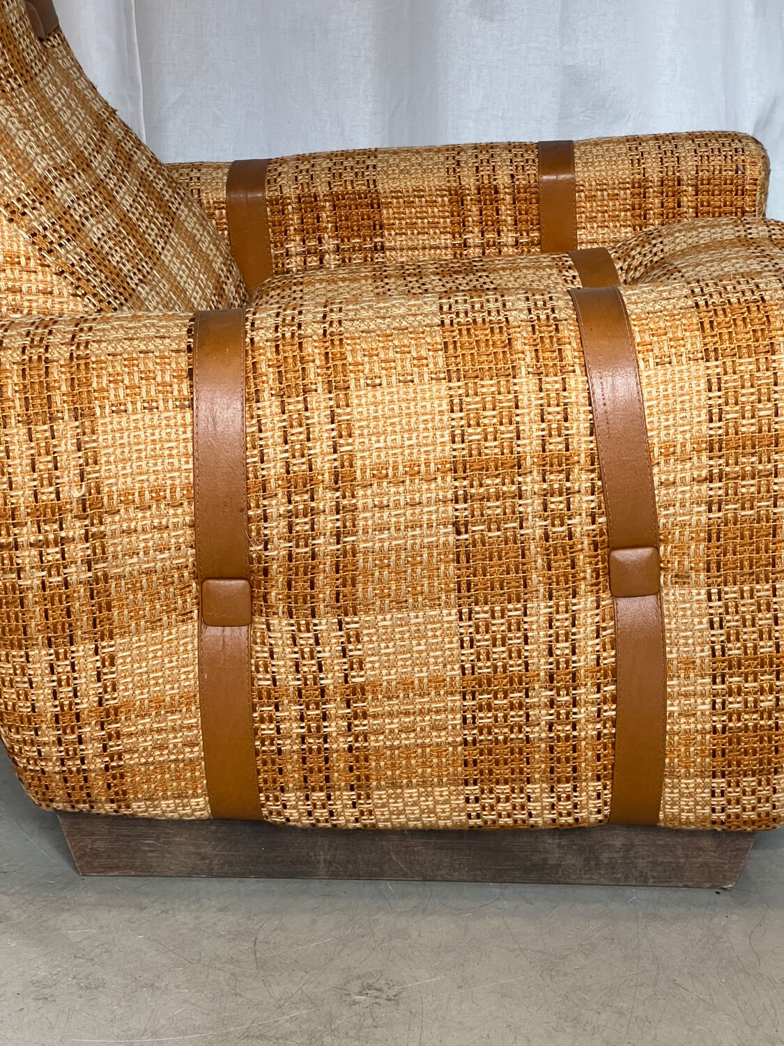 Vintage 1970s armchair in beige, orange, and brown tweed