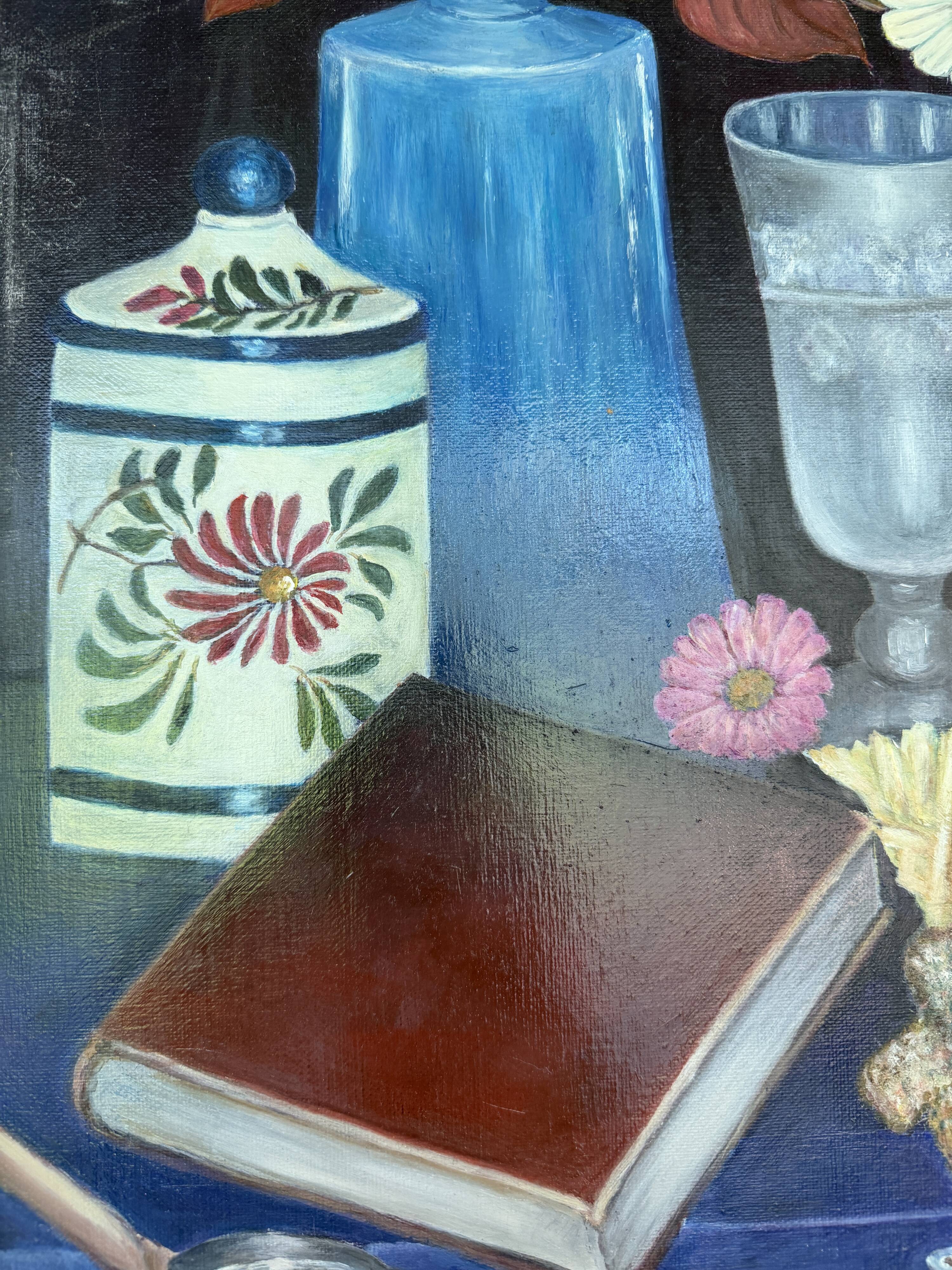 Vintage still life with flowers and objects – Canvas painting signed Maine