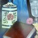 Vintage still life with flowers and objects – Canvas painting signed Maine