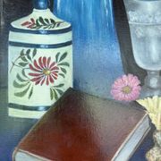 Vintage still life with flowers and objects – Canvas painting signed Maine