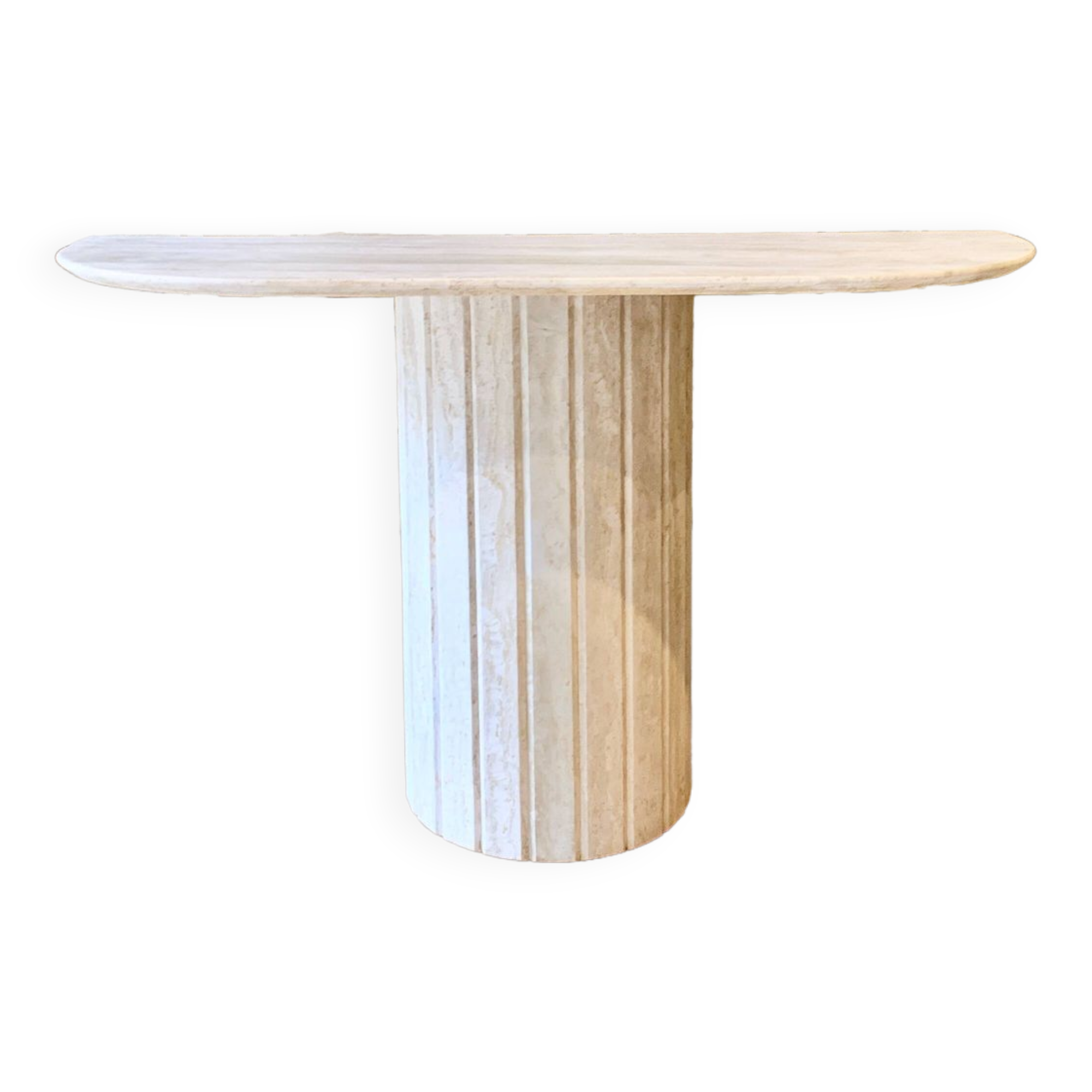 Travertine console with canted foot
