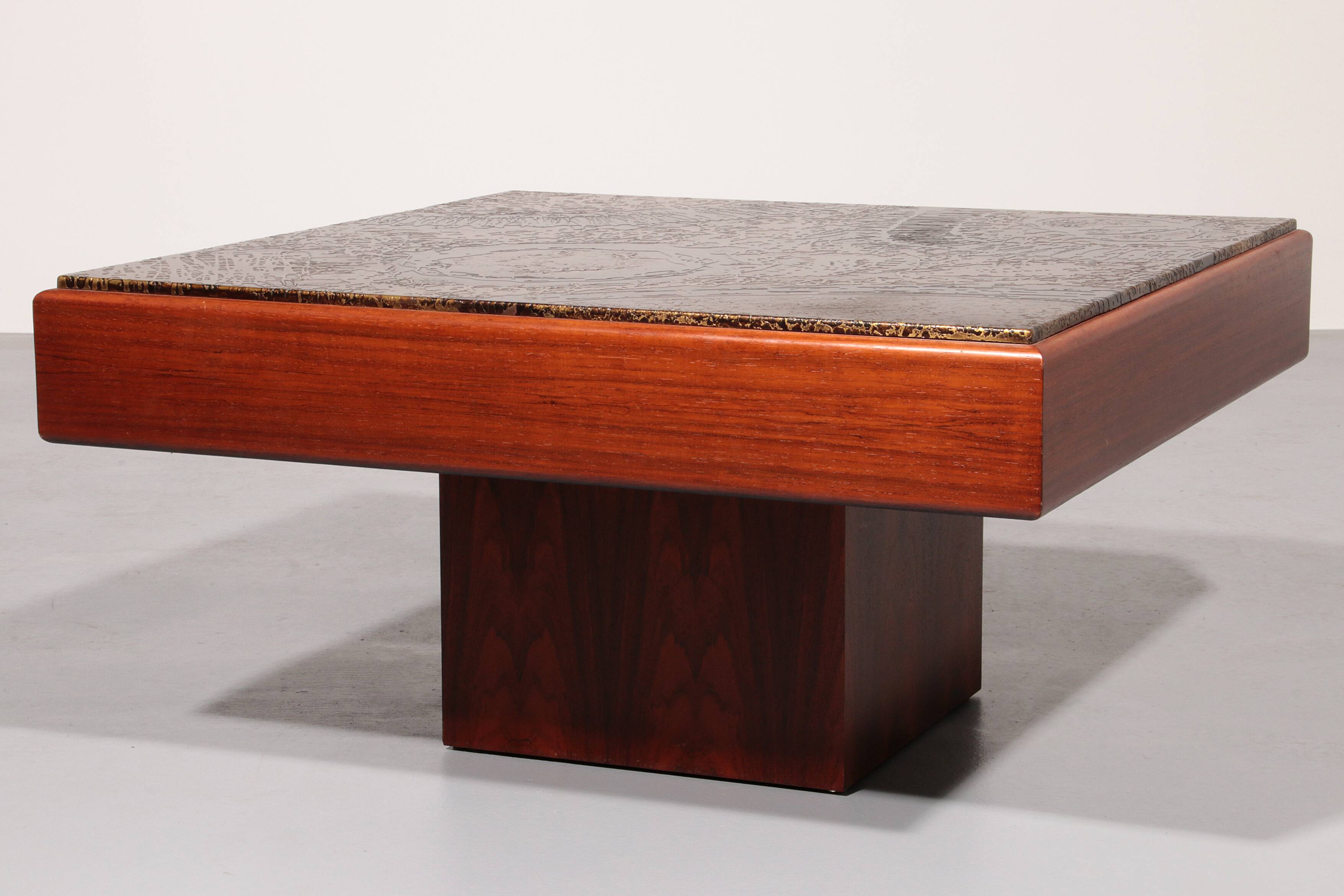 Brutalist Coffee Table with Copper Top and Wooden Base 1970