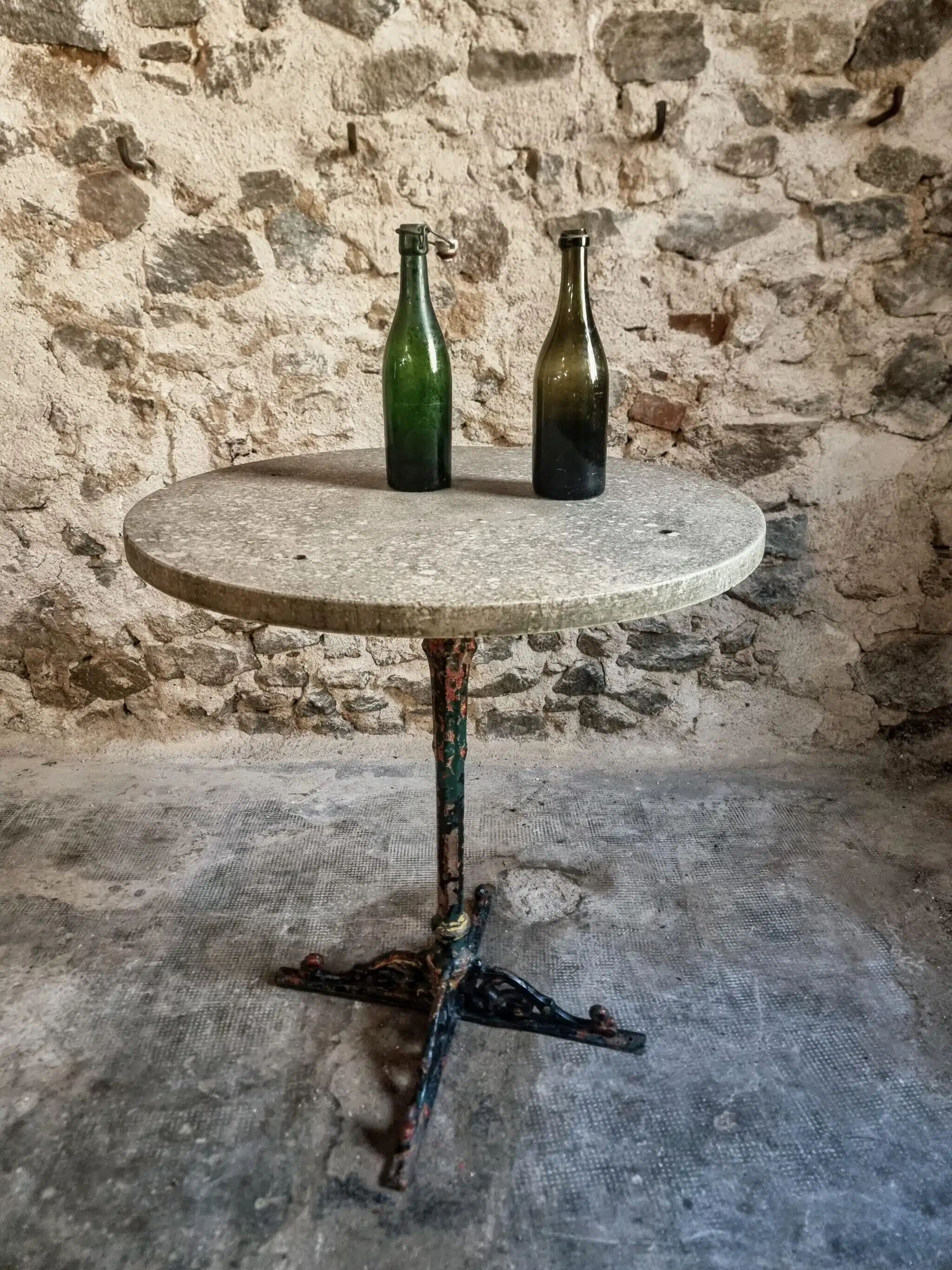 Bistro table / old garden with a cast iron base and stone top, France