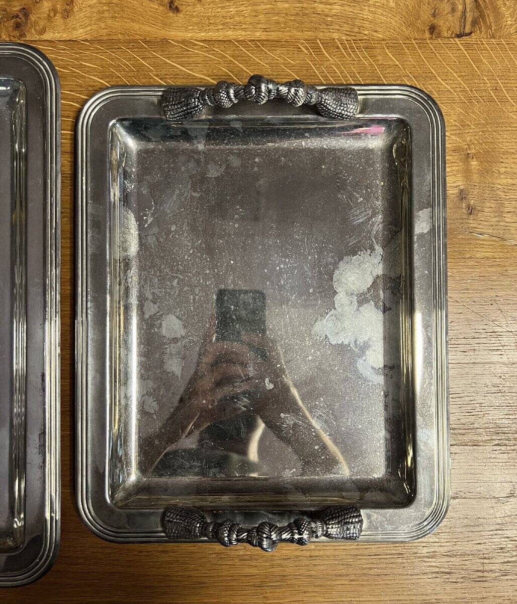 2 silver metal serving trays