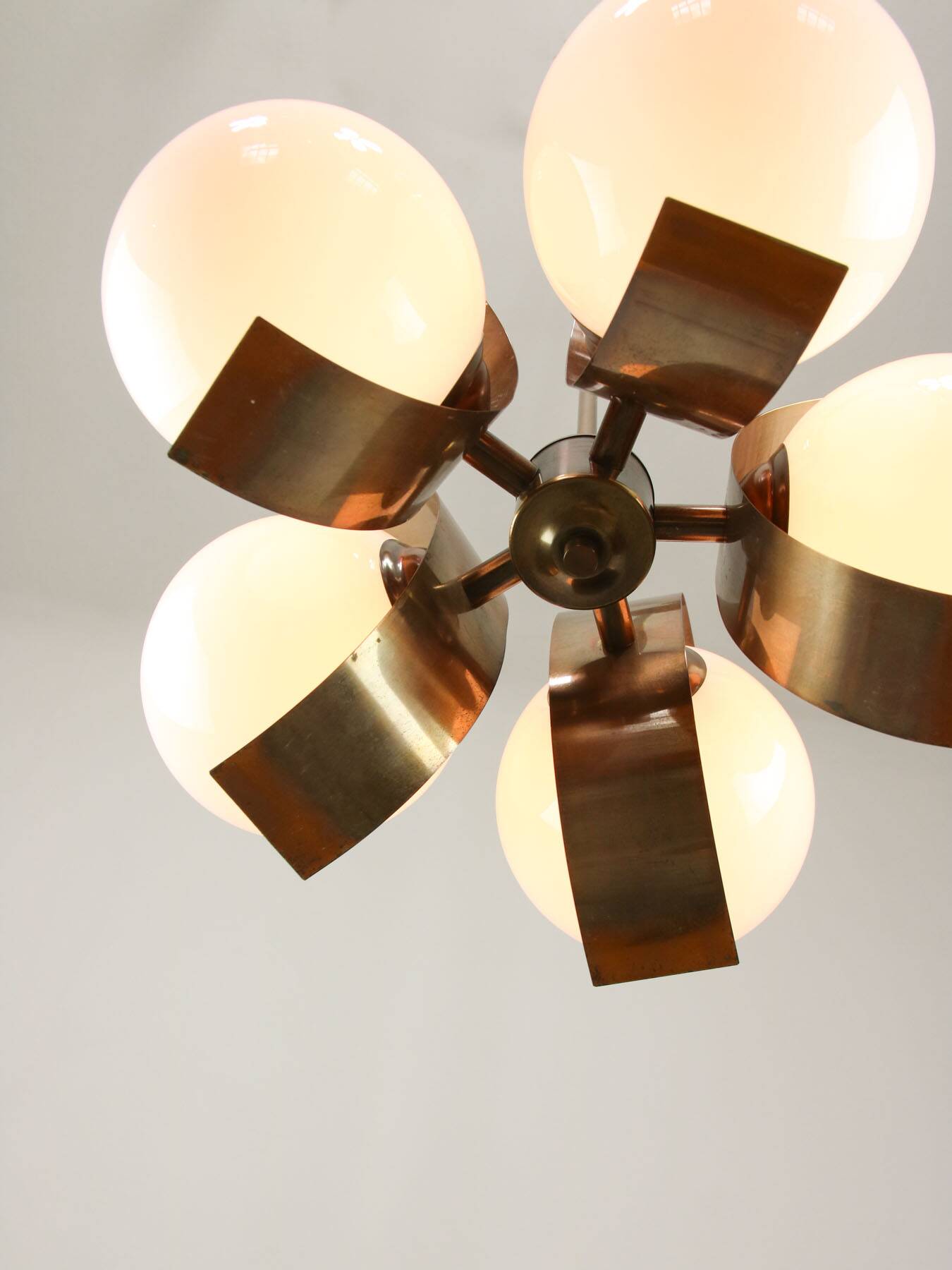 Vintage Italian Copper and Opaline Chandelier, 1970s