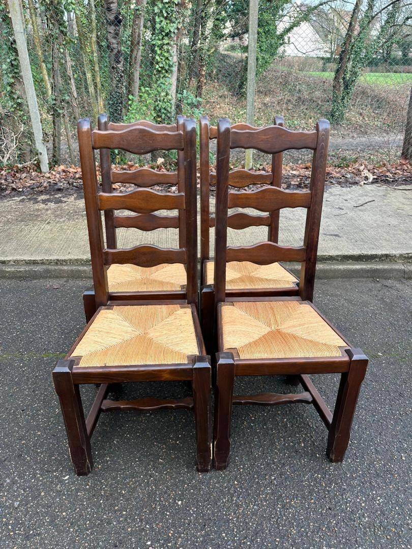 4 dining chairs, solid wood, straw, farmhouse style, dark oak, 20th century, 110cm