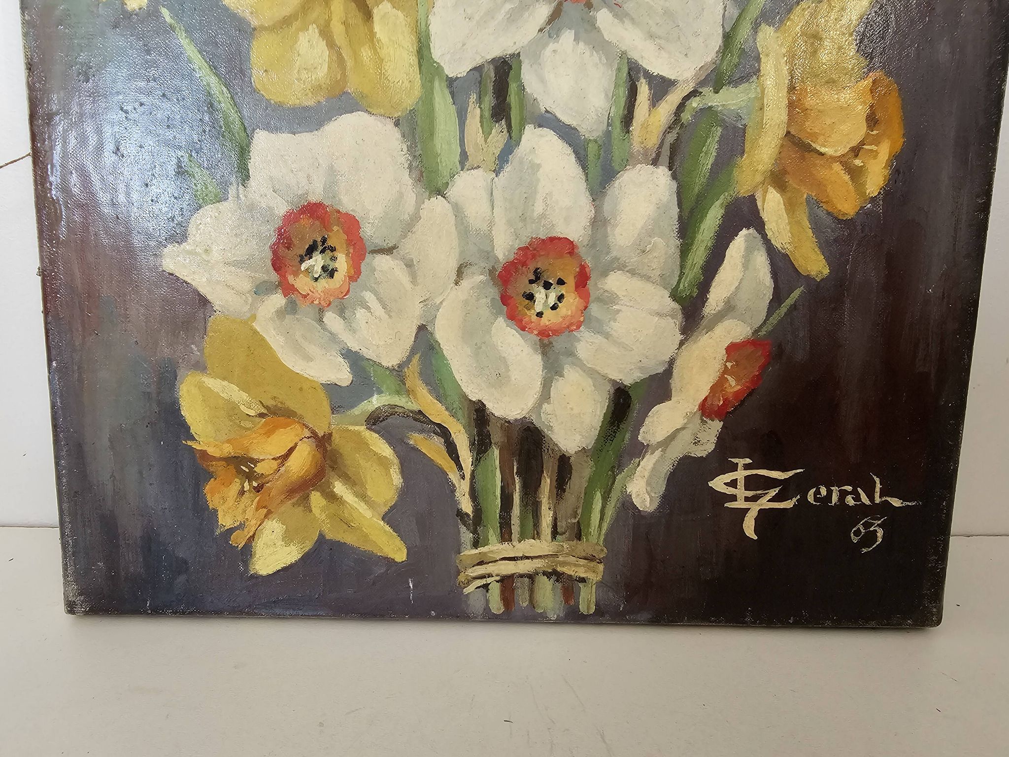 Table Oil on canvas The bouquet of Daffodils (Flowers) signed L Geral