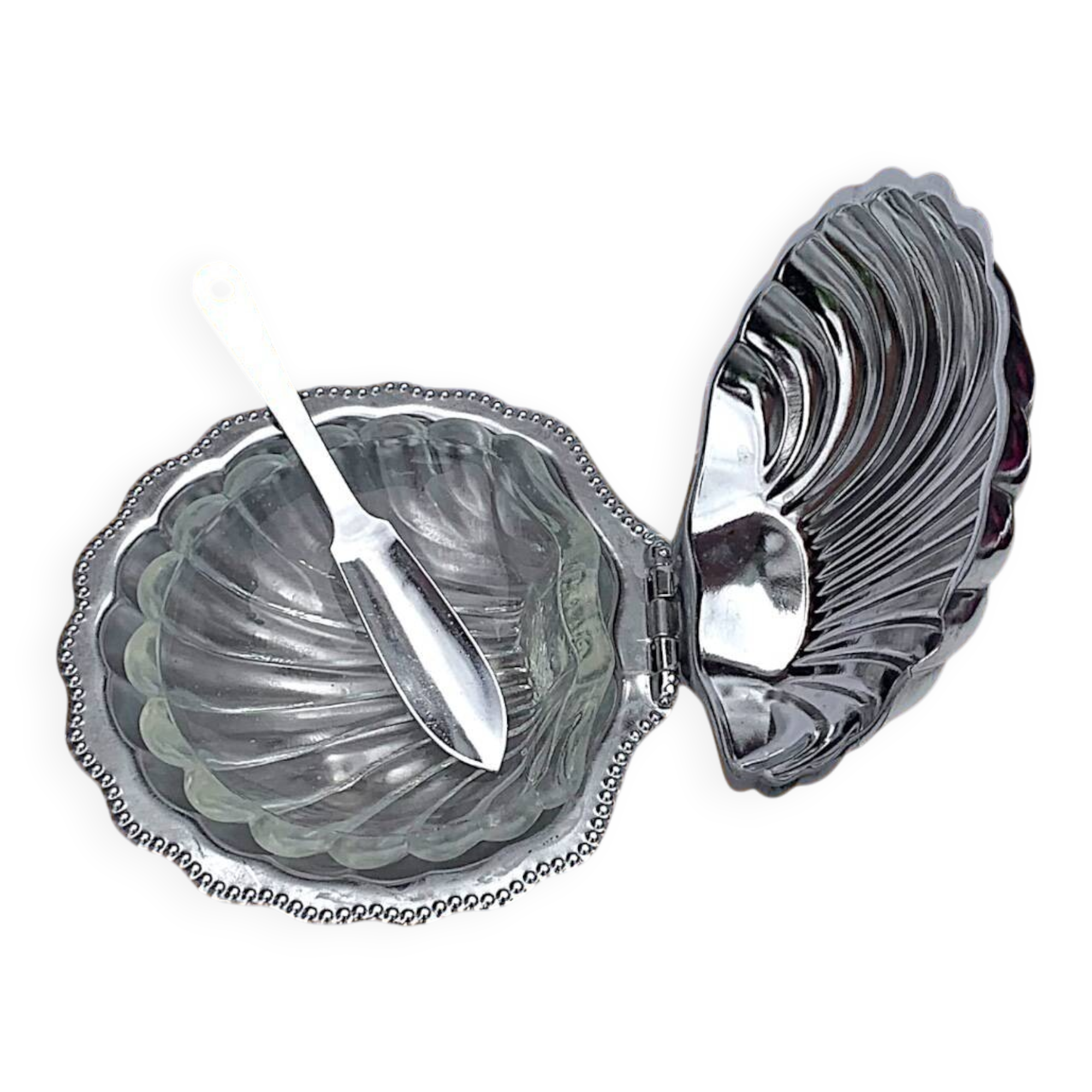 Vintage stainless steel and glass shell butter dish with knife