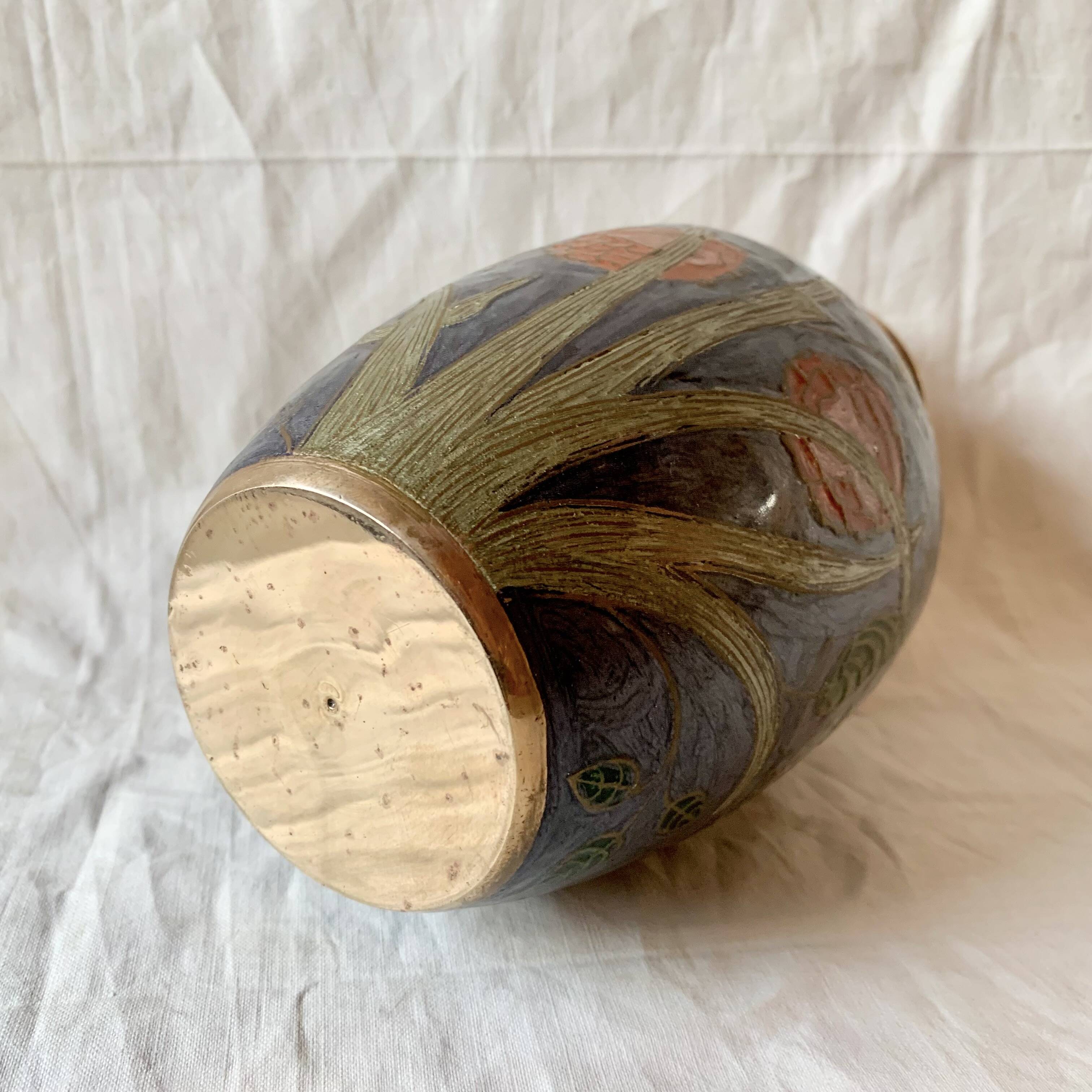 Vintage brass vase with cloisonné enamel floral decoration