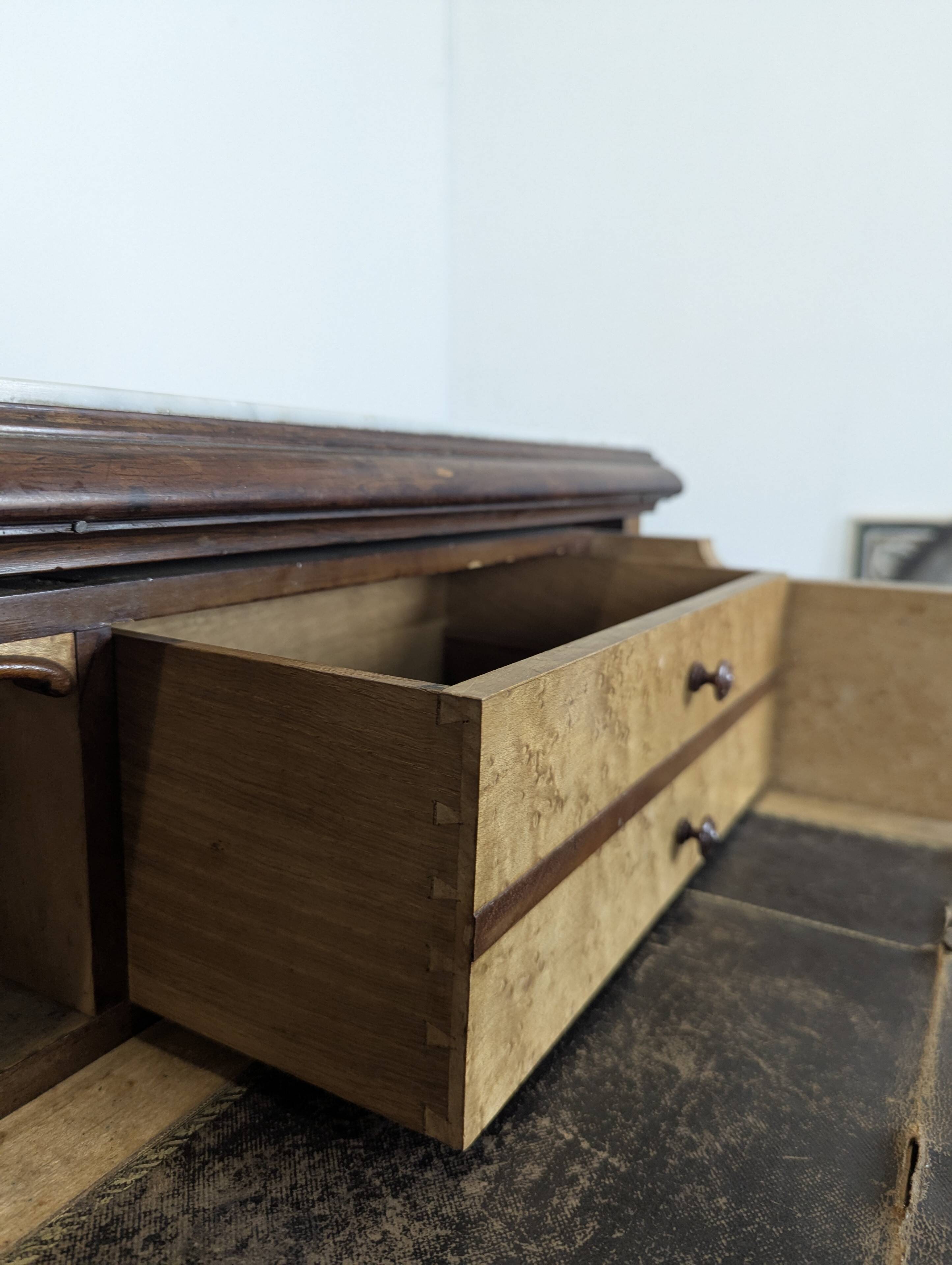 Elm burl and rosewood secretary chest of drawers