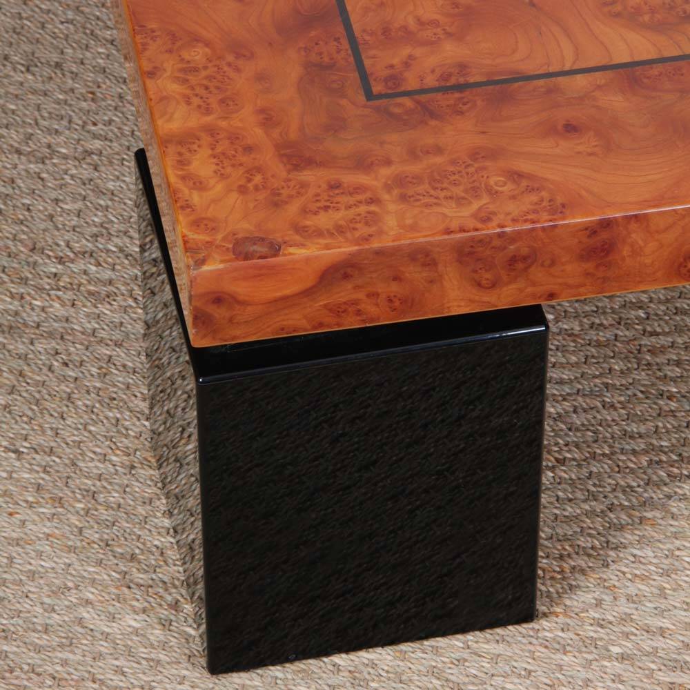 Square coffee table in elm burl, 1980