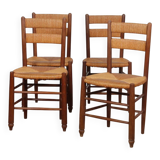 Set of 4 wooden chairs with rush seats, French work, 1950.