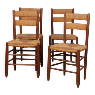 Set of 4 wooden chairs with rush seats, French work, 1950.
