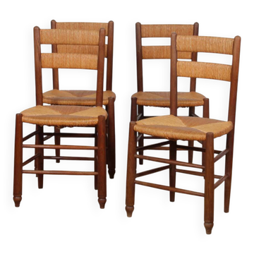 Set of 4 wooden chairs with rush seats, French work, 1950.