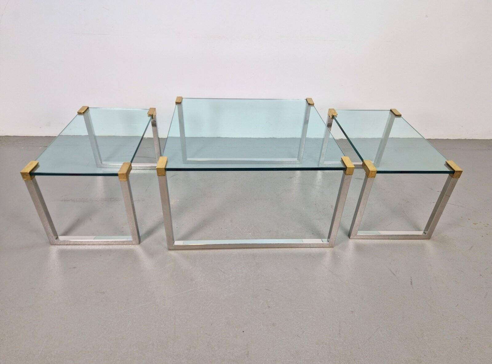 T53 Coffee and Side Tables in Brass and Glass by Peter Ghyczy, 1970s, Set of 3